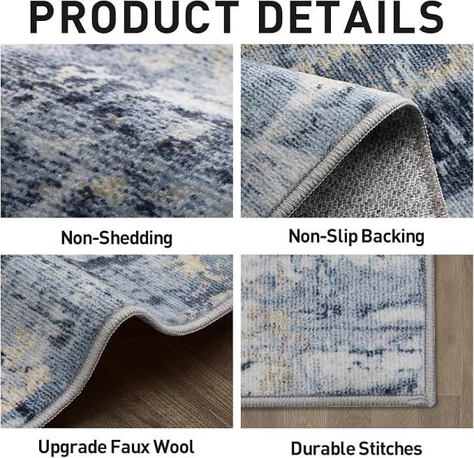 6x9 Area Rugs for Living Room: Washable Abstract Blue Gold Badroom Carpet | Non-slip TPE backing makes this washable soft low-pile rug safe & durable, Pet-friendly decor for dining room,nursery,office