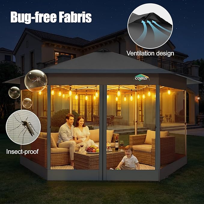 COBIZI 14x14 Pop Up Gazebo Tent with Mosquito Netting, Gazebos on Clearance, Hexagonal Outdoor Canopy Shelter, Patented Center Lock 6-Sided Portable Gazebos, Pop Up Canopy Tent for Backyard, Gray