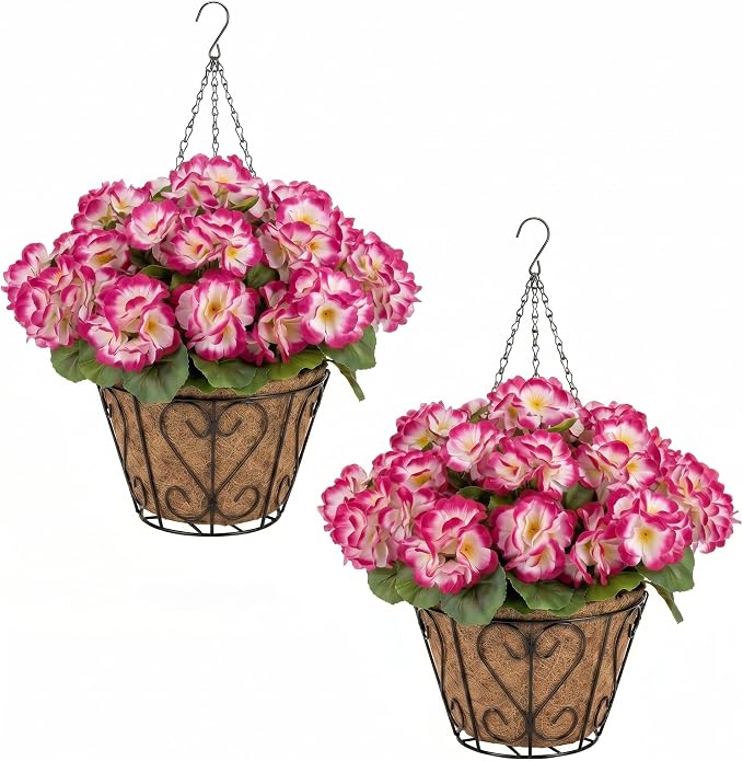 2 Pack Artificial Geraniums Flowers with Hanging Baskets,UV Resistant Silk Faux Geranium Flowers with Hanging Planters for Outdoor Patio Balcony Porch Garden Home Decor (Gradient Rose Red)
