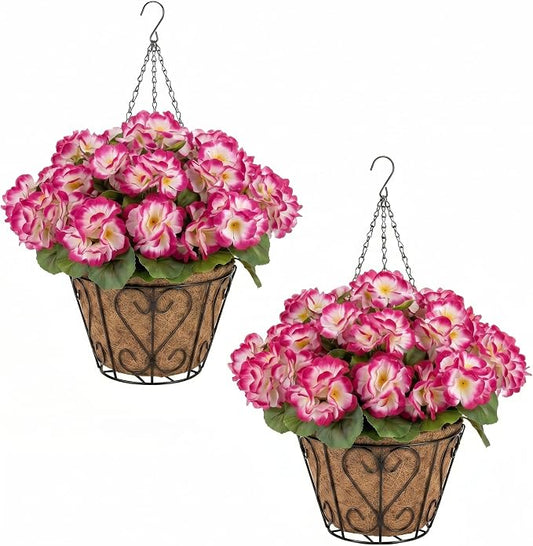 2 Pack Artificial Geraniums Flowers with Hanging Baskets,UV Resistant Silk Faux Geranium Flowers with Hanging Planters for Outdoor Patio Balcony Porch Garden Home Decor (Gradient Rose Red)