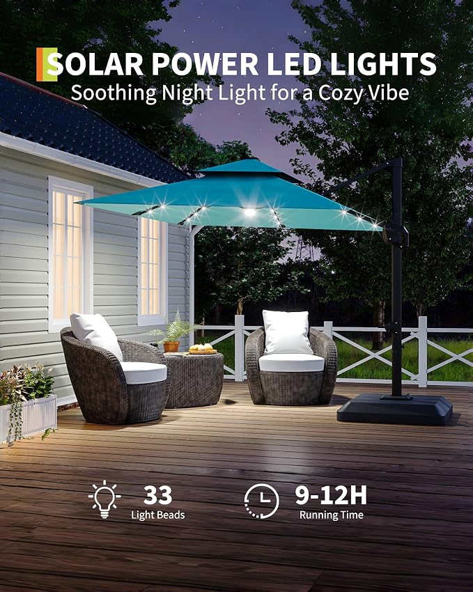 GarveeLife 10 ft x 10 ft Heavy Duty Cantilever Patio Umbrella with Solar LED Lights & Weighted Base, 2-Tier Square Aluminum Offset Umbrella with 360-Degree Rotation for Backyard, Deck, Pool, Blue