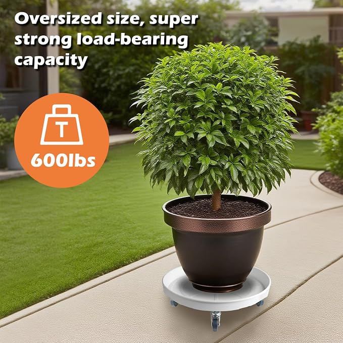 16 Inch Heavy Duty Plant Stand on Wheels, Round Plant Caddy with Wheels for Indoor & Outdoor Use, Metal Rolling Tray for Potted and Small Furniture (White 2Pcs)