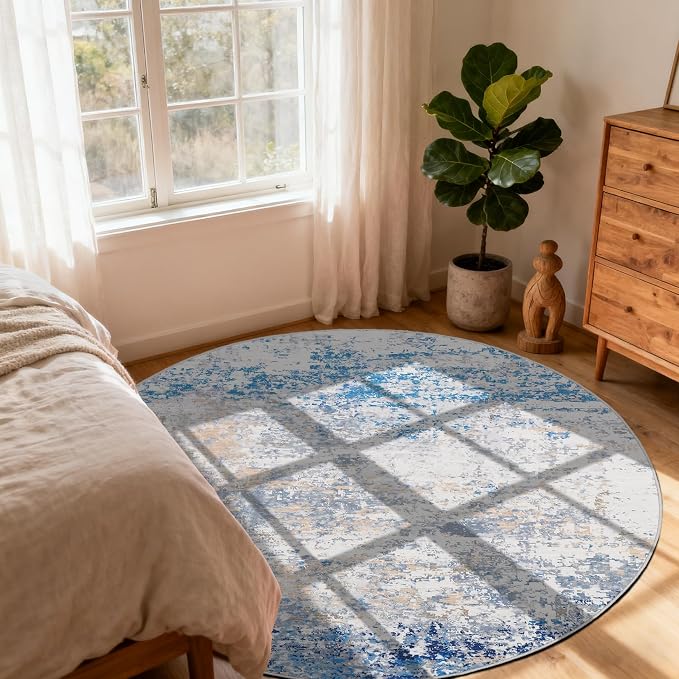 ROYHOME Modern Abstract 4x4 Round Area Rug Non Slip, Blue/Grey | Non Shedding Rug Low Pile Stain Resistant for Bedroom Living Room office Dining Room