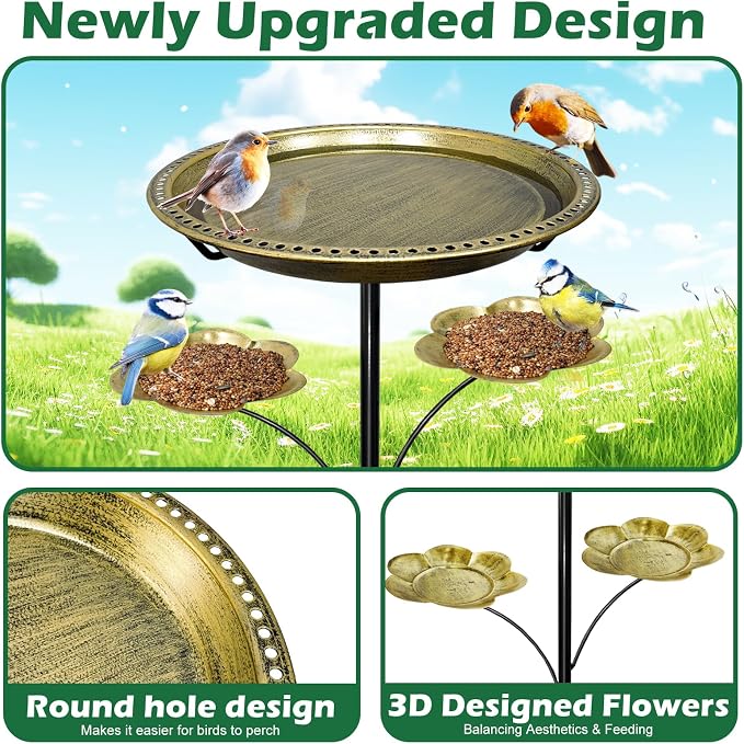 Bird Bath for Outside, Vintage Freestanding Birdbaths with 5-Pronged Base, Removable Bird Bath Bowl & Bird Feeder for Outdoors Garden Patio Yard Lawn Decor,Easy to Clean (Antique Gold)