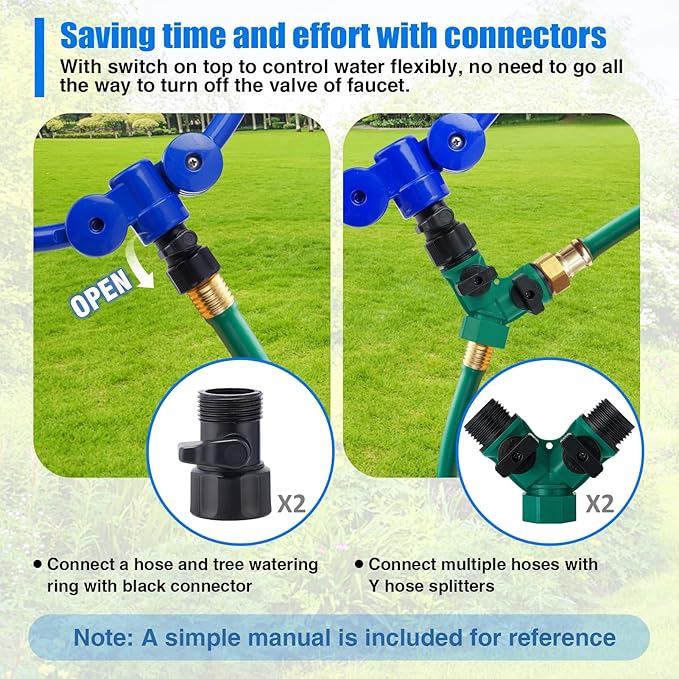 2Pcs 360° Tree Water Sprinkler, Adjustable Tree Watering Ring with Y Hose Splitters, Circle Tree Root Irrigation System for Outdoor New Trees Shrubs Plants Garden Beds