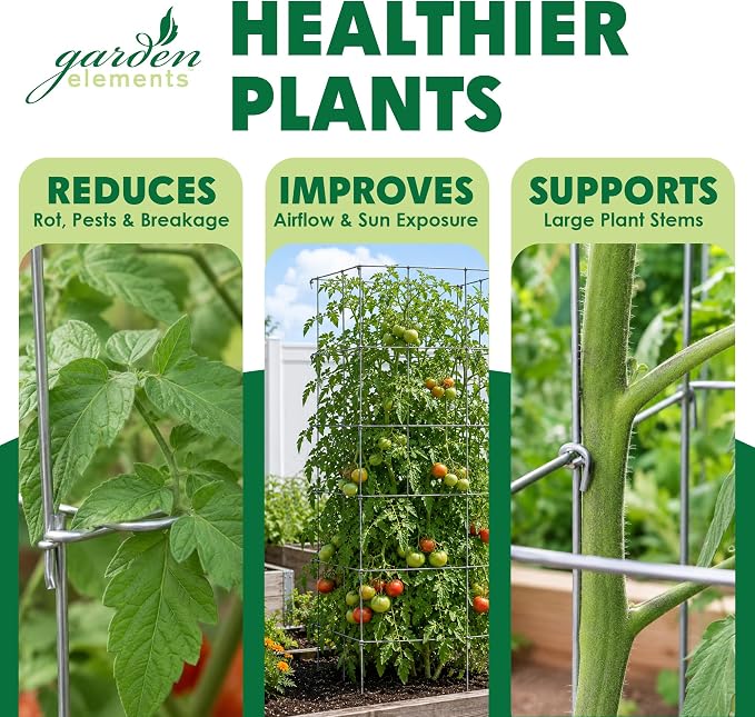 Garden Elements Square Tomato Cage, 58 Inch (Pack of 3) – Heavy Duty Galvanized Steel Plant Support, Collapsible Garden Trellis with 8-Leg Stability for Climbing Vegetables & Vines