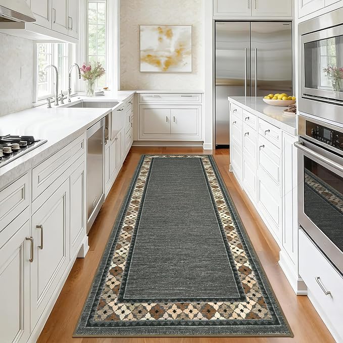 Garvee 2x6 Tribal Border Kitchen Rugs Washable Rugs for Hallway, Brown | Floral Border Area Rug Stain Resistant Easy Cleaning Throw Rugs Low Pile Floor Cover for Bedroom Laundry