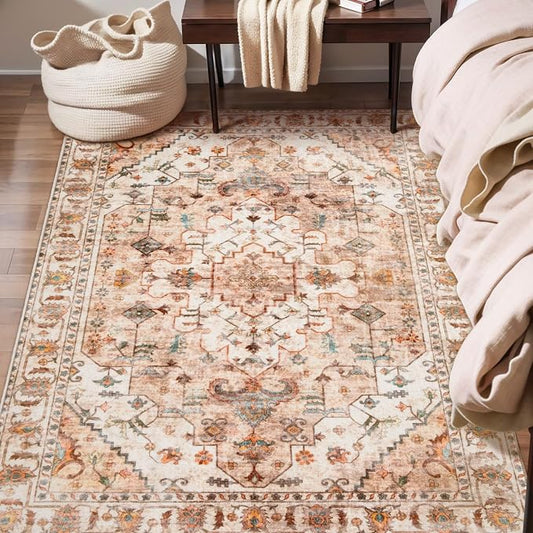 SERISSA 3x5 Washable Non Slip Boho Area Rug for Bedroom，Peach Cream | Ultra Soft Vintage Oriental Carpet Low-Pile Distressed Tribal Throw Rug Carpet for Living Room Nursery Kitchen Dorm Decor