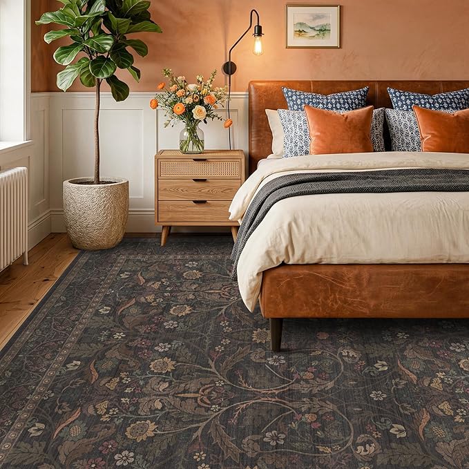 Washable 8x10 Area Rugs for Living Room, Black and Brown Rug for Bedroom Dining Room, Moody Dark Floral Farmhouse Western Style Decor, Large Gold Southwest Non Slip Low Pile Soft Carpet (Dark Brown)