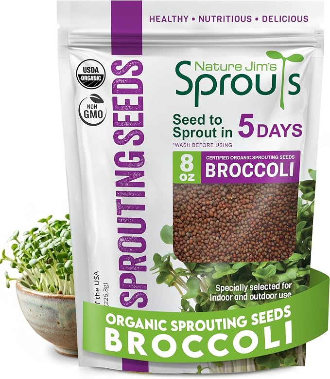 Nature Jim's Organic Broccoli Sprouting Seeds – Non-GMO, Rich in Sulforaphane, Fast-Growing Microgreen Seeds for Indoor/Outdoor Planting– Ideal Organic Sprouting Seed for Nutritious Gardening - 8oz