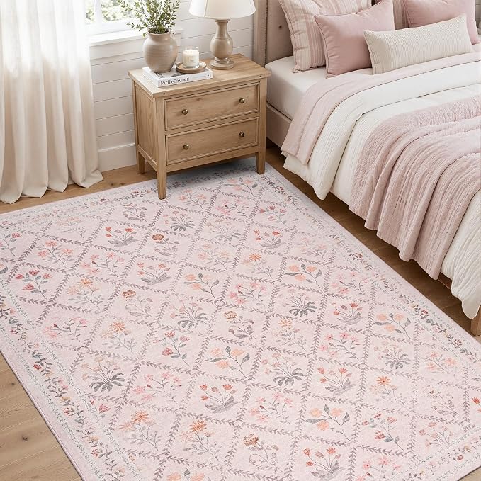 DCX Washable 5x7 Pink Floral Rug for Girls Bedroom | Soft Cottagecore Rug for Baby Girl Nursery, Non Slip Low Pile, Kid & Pet Friendly Vintage Botanical Carpet
