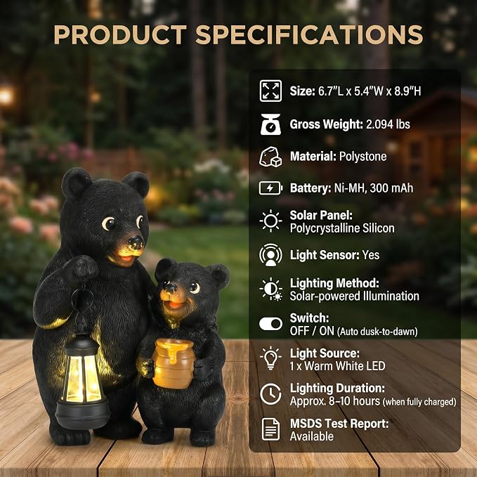 Lavezee Garden Bear Statues 8.9‘’, Mother and Baby Bear Figurines with Solar Lantern for Outdoor Porch Yard Lawn, Unique Bear Gifts for Mom Grandma Women