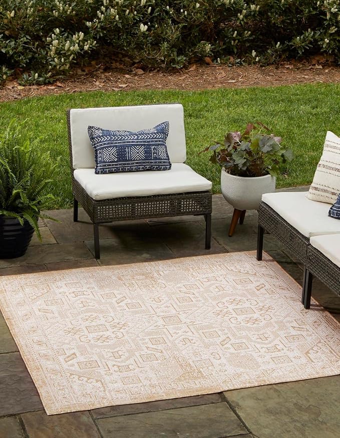 Unique Loom Outdoor Aztec Collection Area Rug - Coba (10' Square, Natural/ Ivory)