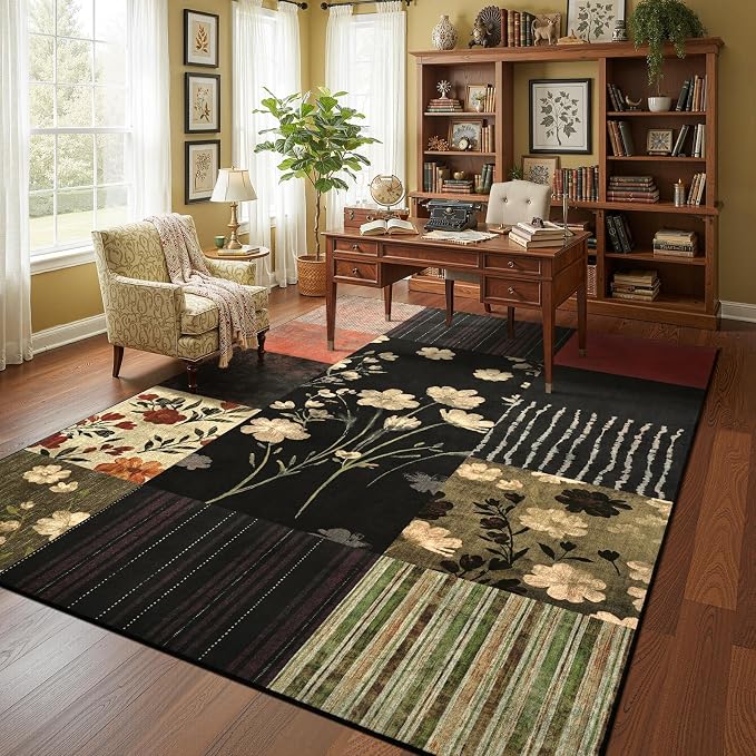 DweIke Floral Rugs for Living Room, 6x9 Washable Area Rug for Dining Room Farmhouse Office Bedroom Decor, Geometric Patchwork Stain Resistant Low Pile Indoor Floor Throw Rugs, Black Colorful