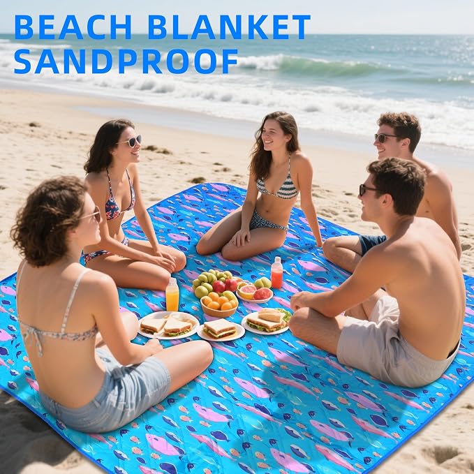 Picnic Blanket, 80x80 Inches, White Fish Pattern, Double Thickened with 150g Cotton, Portable Foldable with Leather Carry Strap