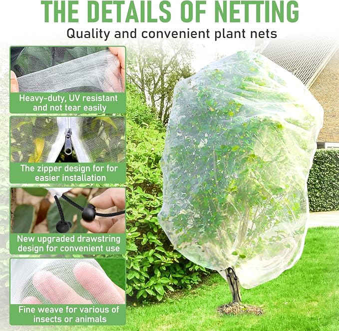 Fruit Tree Netting, Plant Mesh Netting for Garden Protection, Blueberry Bush Insect Netting Cover as Garden Pest Barrier from Cicadas, Bug, Bird (8x8 FT, 2Pcs, Zipper & Drawstring Design)