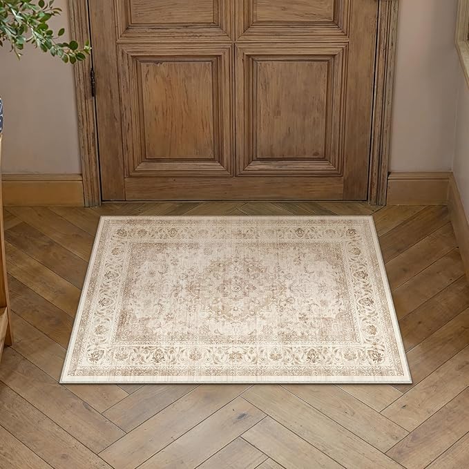 2x3 Beige Washable Area Rug Non Slip Vintage Carpet | Low Pile, Stain Resistant, Living Room, Kitchen, Bedroom, Entryway, Nursery, Laundry Room, Soft, Thin, Lightweight
