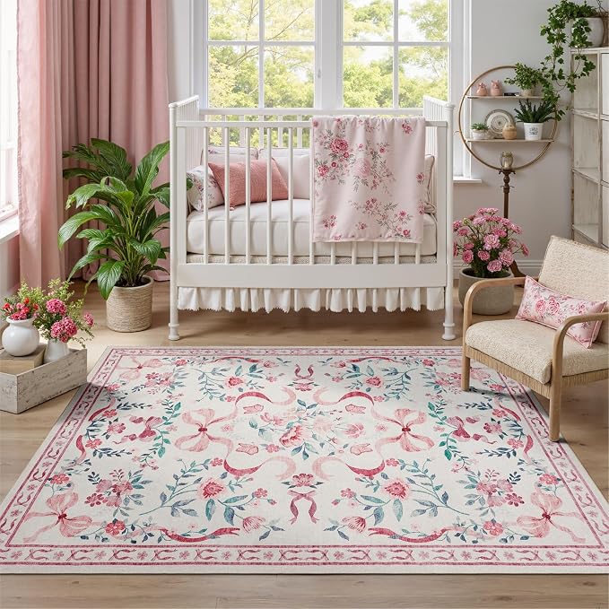 DCX Washable 6x9 Bow Rug, Pink Floral Rug for Girls’ Bedroom, Cute Soft Low Pile Indoor Décor Carpet, Kid & Pet Friendly Nursery Rug for Living Room, Dorm, Playroom
