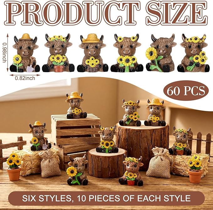 Yaomiao 60 Pcs Mini Highland Cow Figurines Resin Sunflower Highland Cow Figurines Cute Miniature Resin Gift Statue Decorations for Office Garden Desk Tabletop Festive Party Home Kitchen Tiered Tray