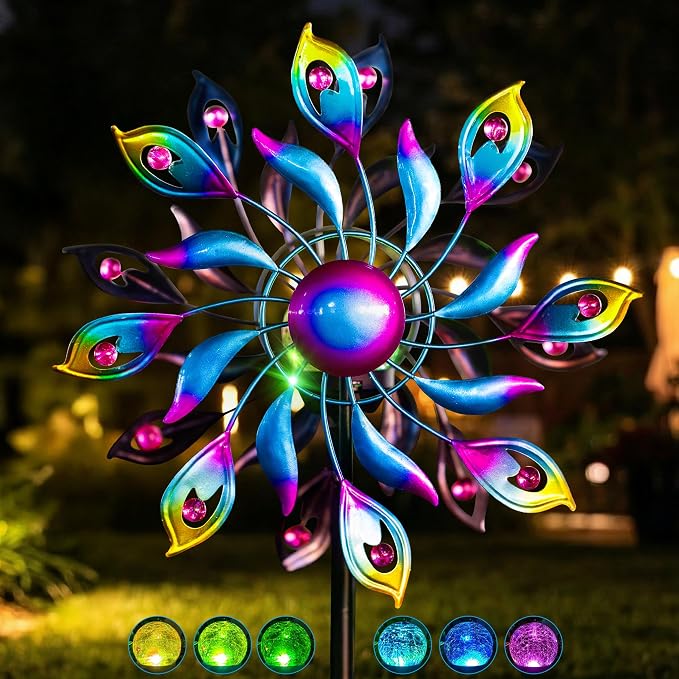 Solar Wind Spinner Outdoor Kinetic Garden Decor with LED Light Ball | Colorful Metal Wind Spinner Creates Stunning Yard Art With Rotating Petals, Perfect For Patio, Lawn, Pathway And Backyard