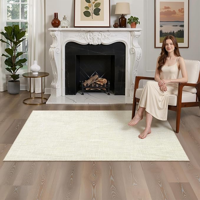 Valenrug 4x6 Area Rug, High-Low Pile Washable Rug for Living Room, Ivory | Soft Fluffy Textured Design, Non Slip & Lighweight, Folable, Stain Resistant Floor Carpet Rug for Living Room,Kitchen, Office