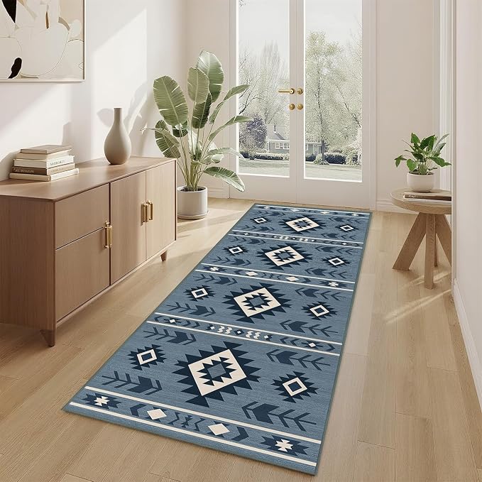 Western Runner Rug 2x6 for Hallway Kitchen Bedroom, Southwestern Aztec Tribal Runner Rugs Southwest Navajo Machine Washable Rug Non-Slip Printed Low-Pile Floor Carpet Mat for Living Room, Blue