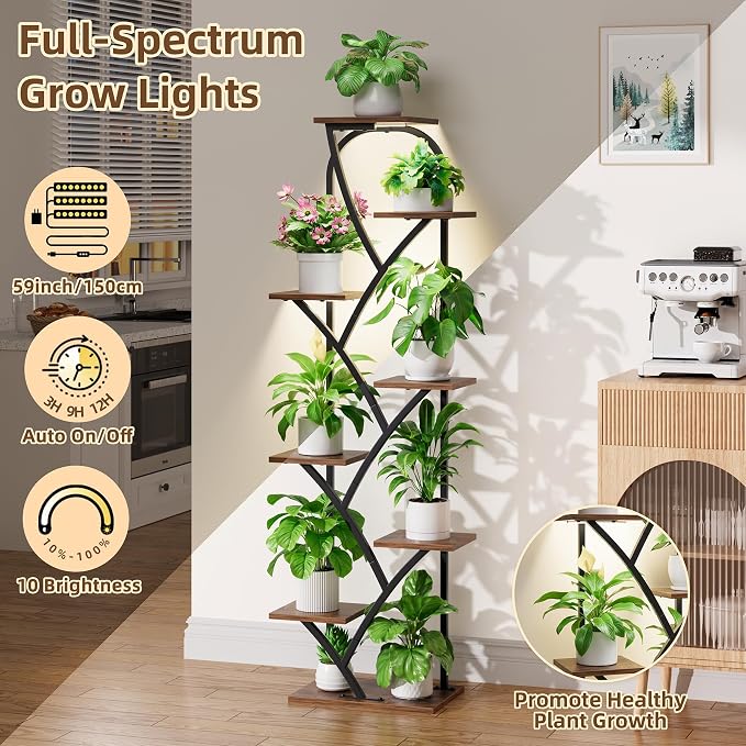 Indoor Plant Stand with Grow Lights, 8 Tiered, 59.5" Tall | Plant Shelf, Flower Holder, Heavy Duty Anti-rust Iron Pipes, Water-resistant & Anti-corrosive Wood, Auto Timer