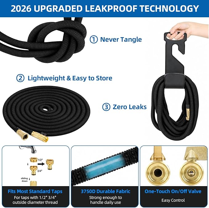 100 ft Expandable Garden Hose with 10-Function Spray Nozzle – Flexible Water Hose with 3/4" Solid Brass Fittings, 3750D Extra-Strong Fabric, 5-Layer Latex Core, Leakproof & Kink-Free Expanding Hose