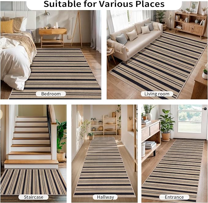 Tangsoo 2x6 Washable Non-Slip Runner Rug for Hallways,Striped Easy Jute Rug | Modern Kitchen Thin Carpet Farmhouse Indoor Outdoor Runner Door Mat for Porch Laundry Bedroom Entryway