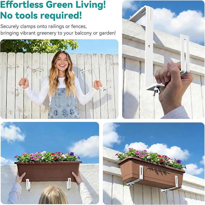 Adjustable Planter Box Brackets,Enhanced Bottom Support,Universal Outdoor Hanging Brackets,Flower Box Brackets for Fence Railings, Windowsill, Patio, Garden,Balcony. (8, White)