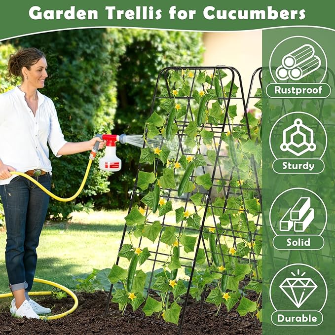 2 Pack Cucumber Trellis 43.3’’x15.7’’ with Twist Tie and Clips, A-Shaped Garden Trellis for Climbing Plants Heavy Duty Metal Plant Support for Cucumber, Grape, Tomato, Pea, Bean, Flower, Raised Bed