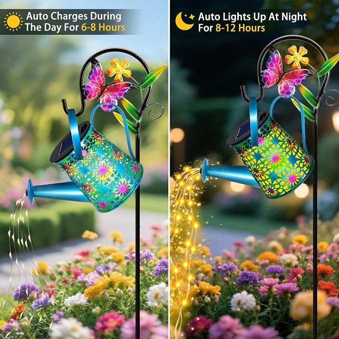 Solar Lights Outdoor Decorative, Blue Metal Solar Watering Can Lights Waterproof, Gifts for Women Mom Birthday, Hanging Lantern Decoration Garden Decor Yard Light for Outside Patio Lawn Porch