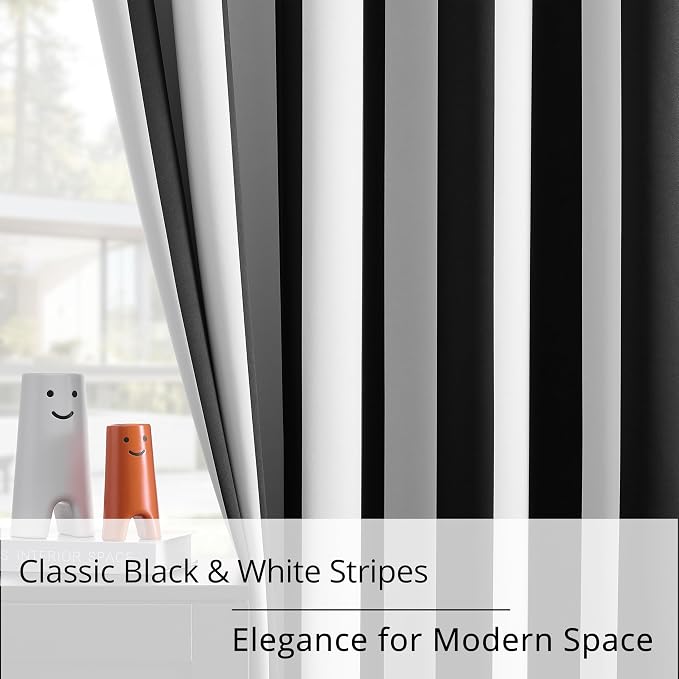 Black and White Striped 100% Blackout Sliding Door Curtains, Thermal Insulated Noise Reducing Room Divider Curtain for Patio Door, Modern Vertical Stripe Wide Drapes, 1 Panel, W100×L84