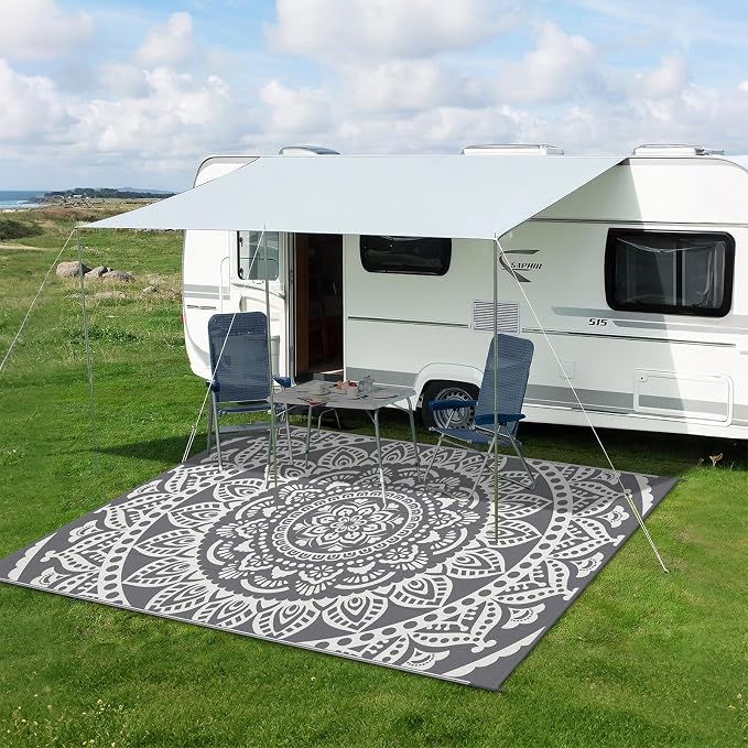Bsmathom Waterproof Outdoor Rug 6'x9' Reversible Boho Plastic Straw Patio Deck Camping Rugs, Indoor Outdoor Portable RV Mat Clearance Carpet for Outside, Porch, Balcony, Backyard, Beach, Pool,Grey
