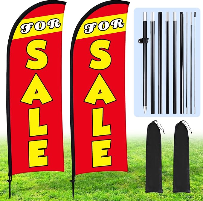 Buryeah 2 Sets Sale Feather Flag,11 x 7.9 FT Flag for Sale Sign Banner, Huge Sale Banner with Flagpole Ground Stake Portable Bag, Large Sale Signs for Outdoor Indoor Business Advertising(Red)