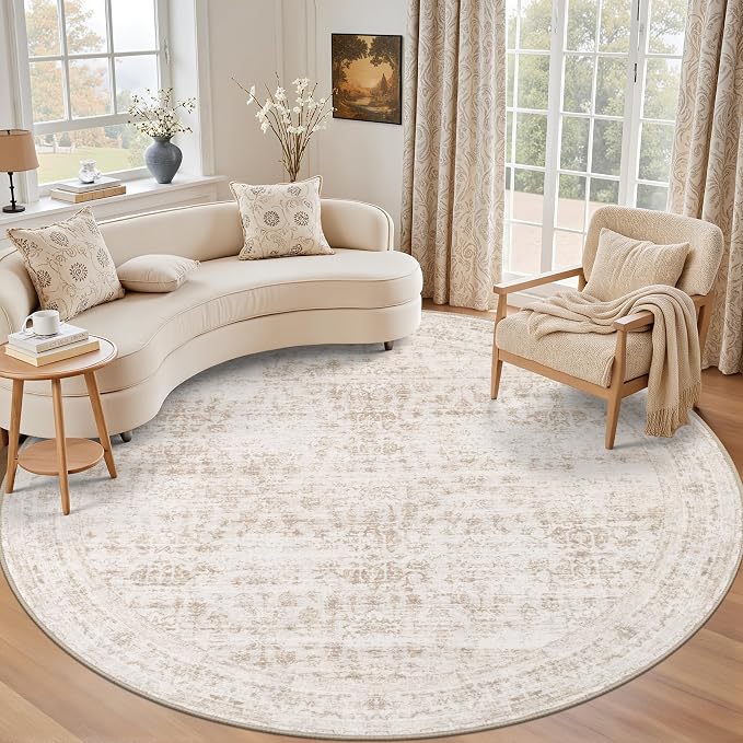 Round Area Rug for Living Room: 4ft Boho Washable Rug Beige Brown | Vintage Boho Soft Round Rug Indoor Floor No Slip Carpet Stain Resistant Rugs for Bedroom Dining Room Nursery Home Office