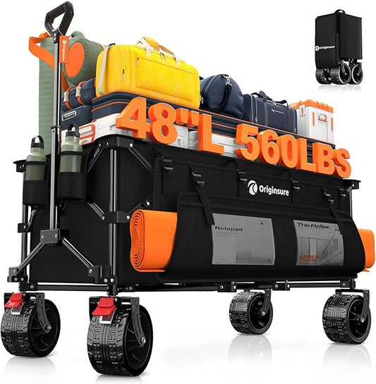 Originsure 48" L Collapsible Wagon Cart Foldable, 560lbs Weight Capacity 300L Heavy Duty Folding Beach Wagons with Big All-Terrain Wheels, Utility Carts for Groceries, Camping, Sports - Black