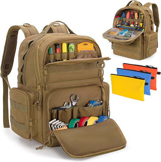 Rexmica Tool Bag Backpack for Men with 3 Tool Pouches, Heavy-Duty Tool Storage Organizer Bag with Padded Shoulder & Waist Support, Tactical Work Tool Bag for Electrician, Repairman, HVAC Techs, Khaki