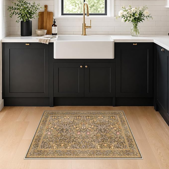 Brown Washable Entry Rug - Front Door Throw Rugs Indoor, Non-Slip Bathroom Small Rugs, Vintage Floral Thin Rug for Kitchen, Boho Earthy Entryway Décor (2x3 Gold Brown)