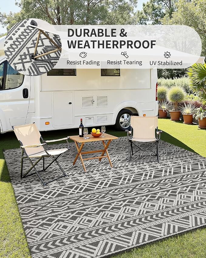 MontVoo Outdoor Rug Carpet Waterproof 9x18 Outdoor Patio Rug Mat Reverisble Plastic Straw Outdoor Rug for RV Camping Picnic Beach Balcony Boho Grey Large
