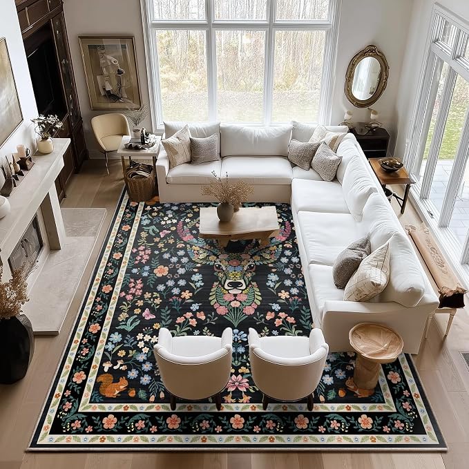 Area Rug Vintage Floral Deer Pattern 9x12 - Bohemian Forest Animal Carpet with Squirrel & Butterfly, Soft Decorative Area Rug for Living Room Bedroom Home Decor