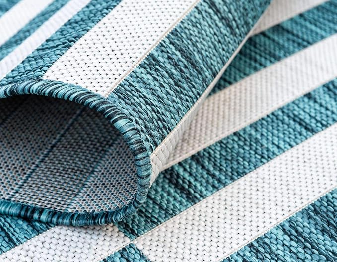 Unique Loom Outdoor Striped Collection Area Rug - Striped (5' 1" x 8' Rectangle, Teal/Ivory)