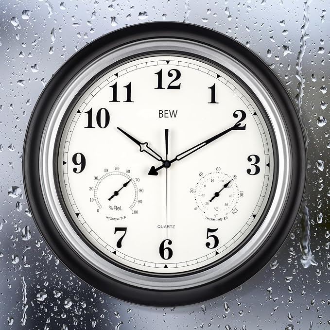 Outdoor Clock Waterproof, 18 Inch Large Outdoor Clocks Weatherproof with Thermometer & Hygrometer Combo, Easy-to-Read Outside Wall Clock for Patio, Garden, Poolside, Backyard-Black Silver