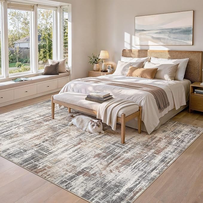UERMEI 10x12 Area Rug for Living Room Washable Abstract Grey/Rust/Brown | Low Pile Non-Slip Soft Neutral Modern Carpet Kid Pet Friendly Large Rugs For Bedroom Dining Room Nursery Office Indoor Decor