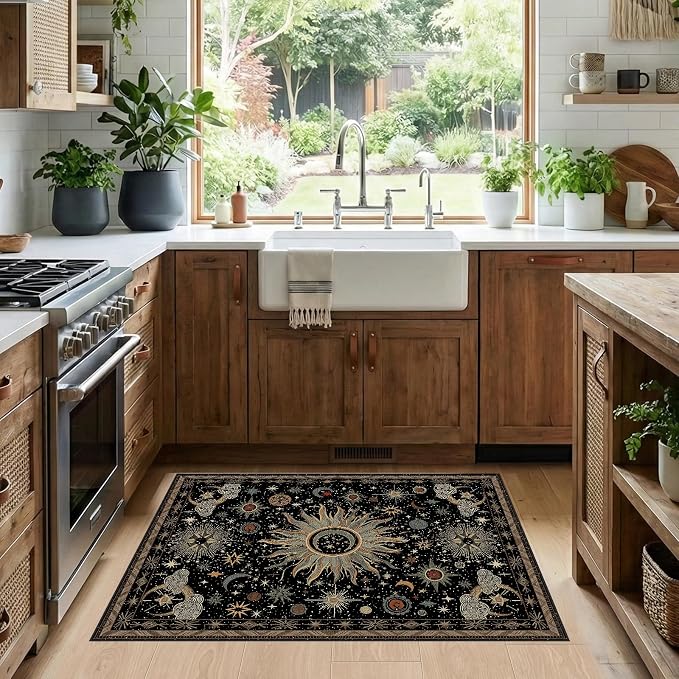 Vacuum-Friendly, 2x3 Washable Area Rug, Black Green Beige | Sun and Moon Boho Gothic Non-Slip Low Pile Living Roon Bedroom Dining Room Kitchen Entry Entryway Entrance Hallway Doormat