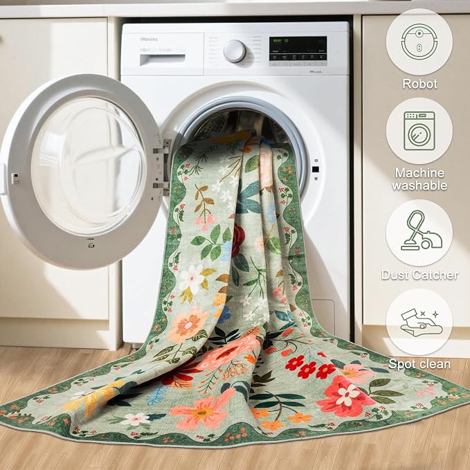 PLHXFR 6x9 Area Rug Living Room: Floral Washable Boho Soft Carpet Green | For Bedroom Dining Room Farmhouse Nursery Hallway,Vintage Floral,Machine washable,Non Slip,Stain Resistant,Large Indoor