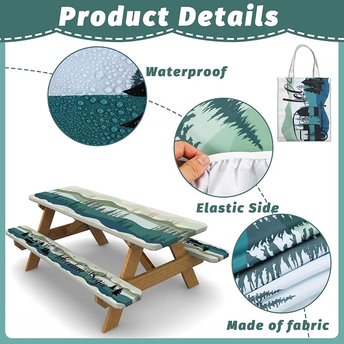 Picnic Table Cover with Bench Covers Elastic Edges Outdoor Camping Essentials 4 Pcs Mountains Waterproof Oil-Proof Tablecloth with Handbag for RV Accessories Farmhouse Camping Rustic Party Decor 72 IN