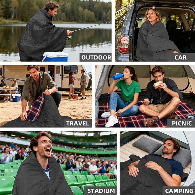 Large Waterproof Outdoor Blanket Thick Fleece 80" x 58" | Windproof Stadium Blanket, Wearable Poncho, Machine Washable for Camping, Car, Pet, Picnics - Red Check