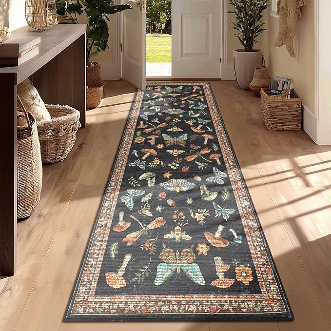ROYHOME Mushroom 8x10 Area Rugs for Living Room Low-Pile Whimsical Cottage Core Insect Bug Butterfly Funky Dark Gothic Decor for Bedroom Nursery Dining Room Black Brown