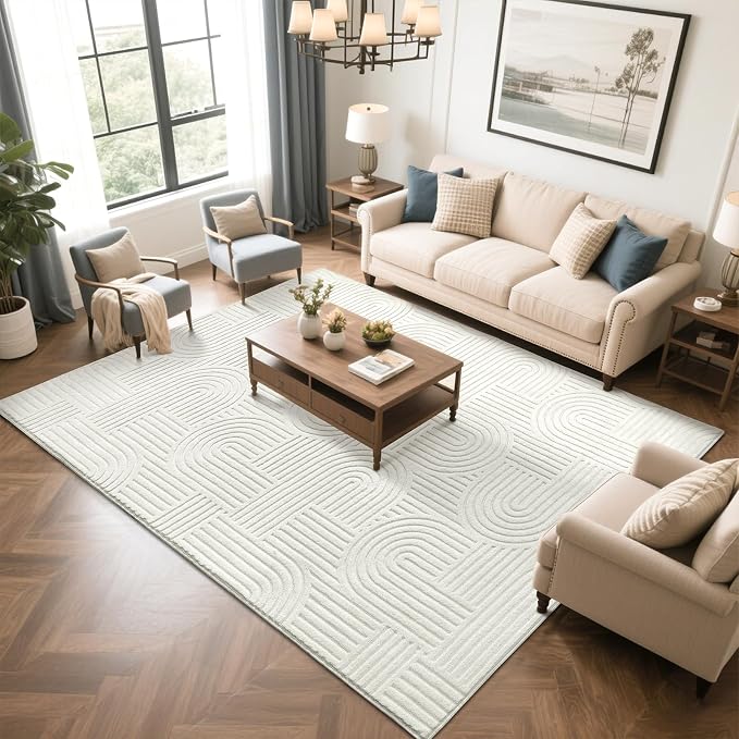 SHACOS Soft Cozy Fluffy Arch Pattern High Low Pile Area Rugs 9'x12' Large Non Slip Washable Modern Geometric Rug Scandinavian Minimalist Carpet for Living Room Bedroom Dining Room, Cream White